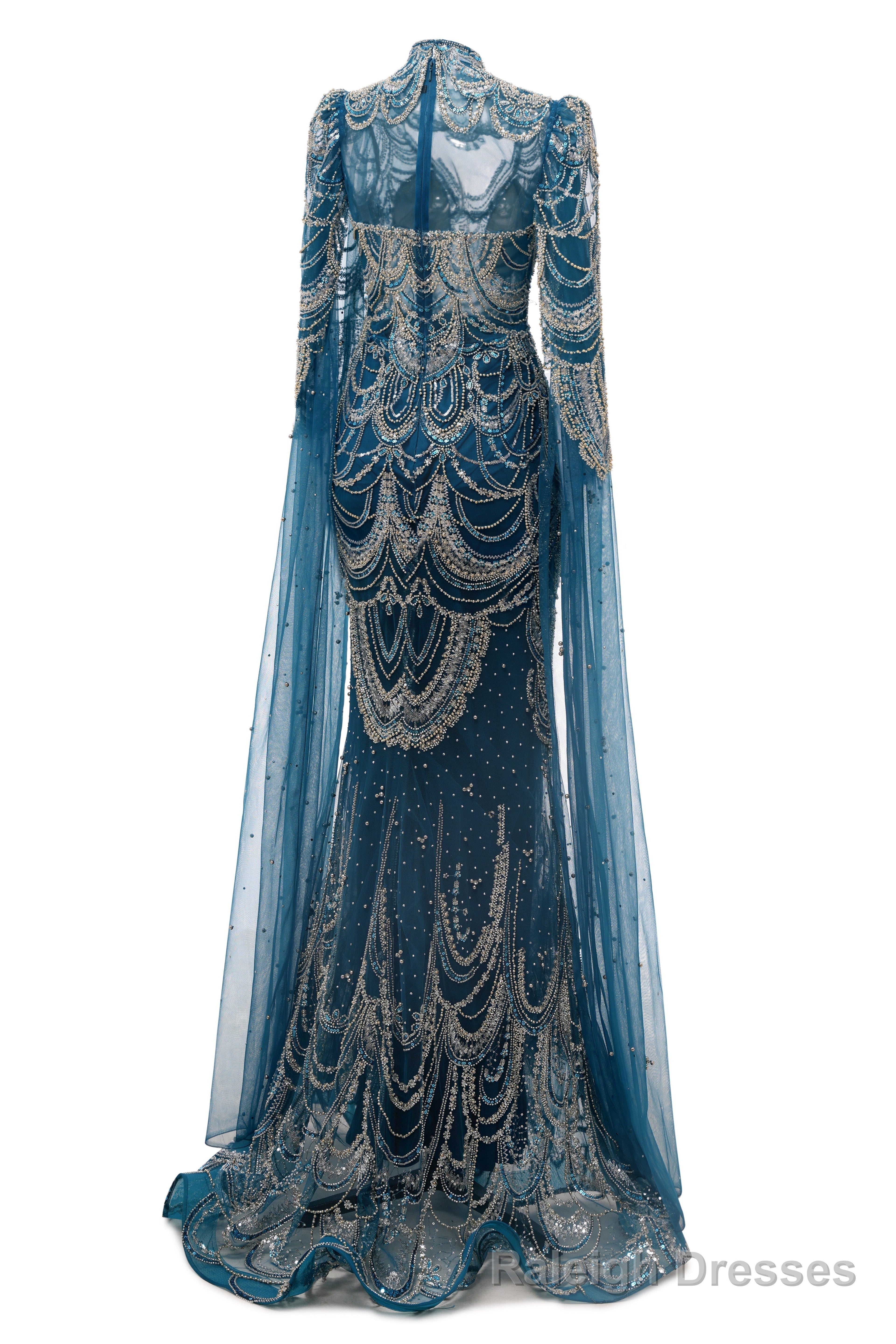 Dark Blue Mermaid Prom Dresses Beading Tulle Women Luxury Prom Dresses High Neck Long Sleeves