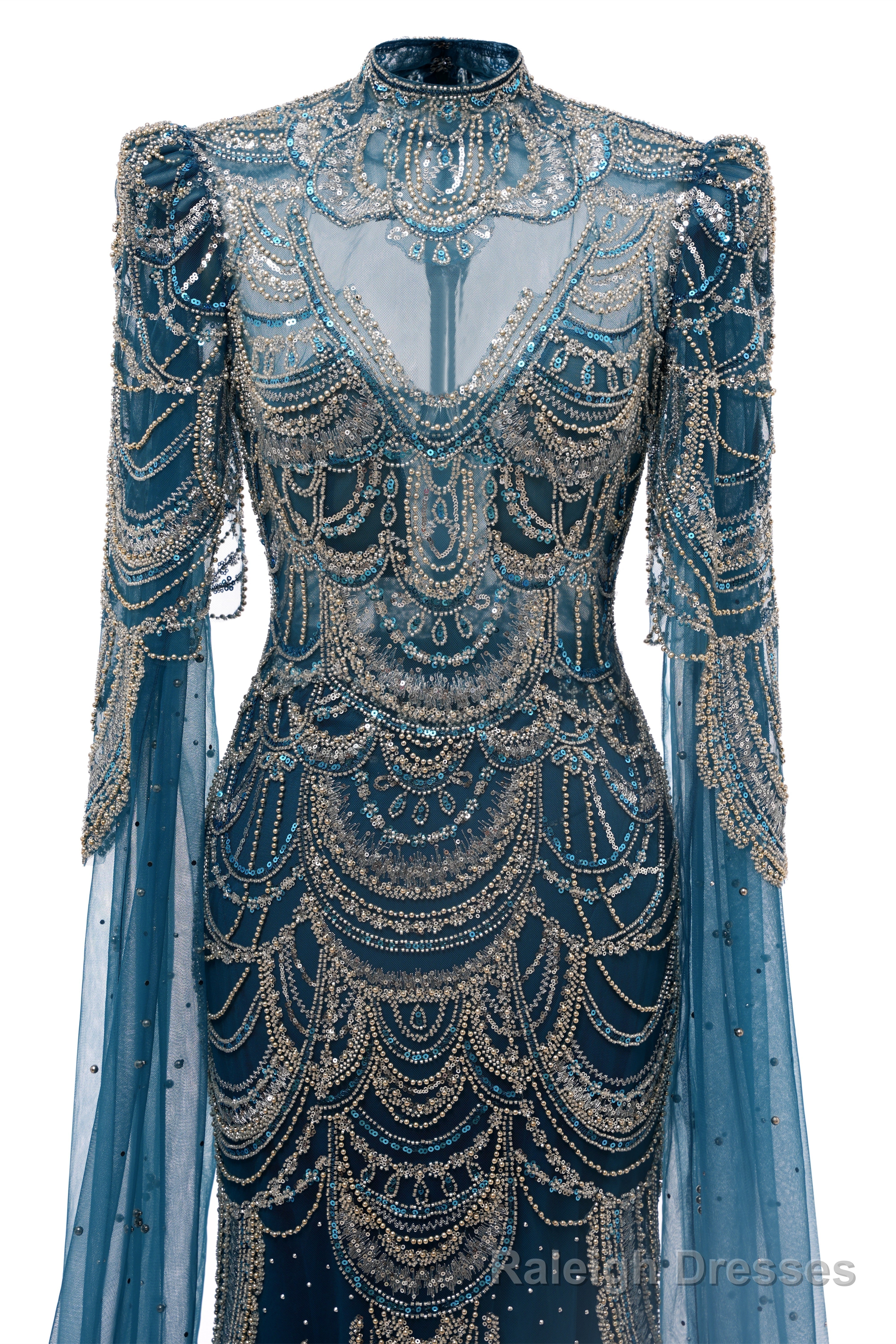 Dark Blue Mermaid Prom Dresses Beading Tulle Women Luxury Evening Dresses High Neck Long Sleeves Secondary image