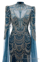 Dark Blue Mermaid Prom Dresses Beading Tulle Women Luxury Evening Dresses High Neck Long Sleeves