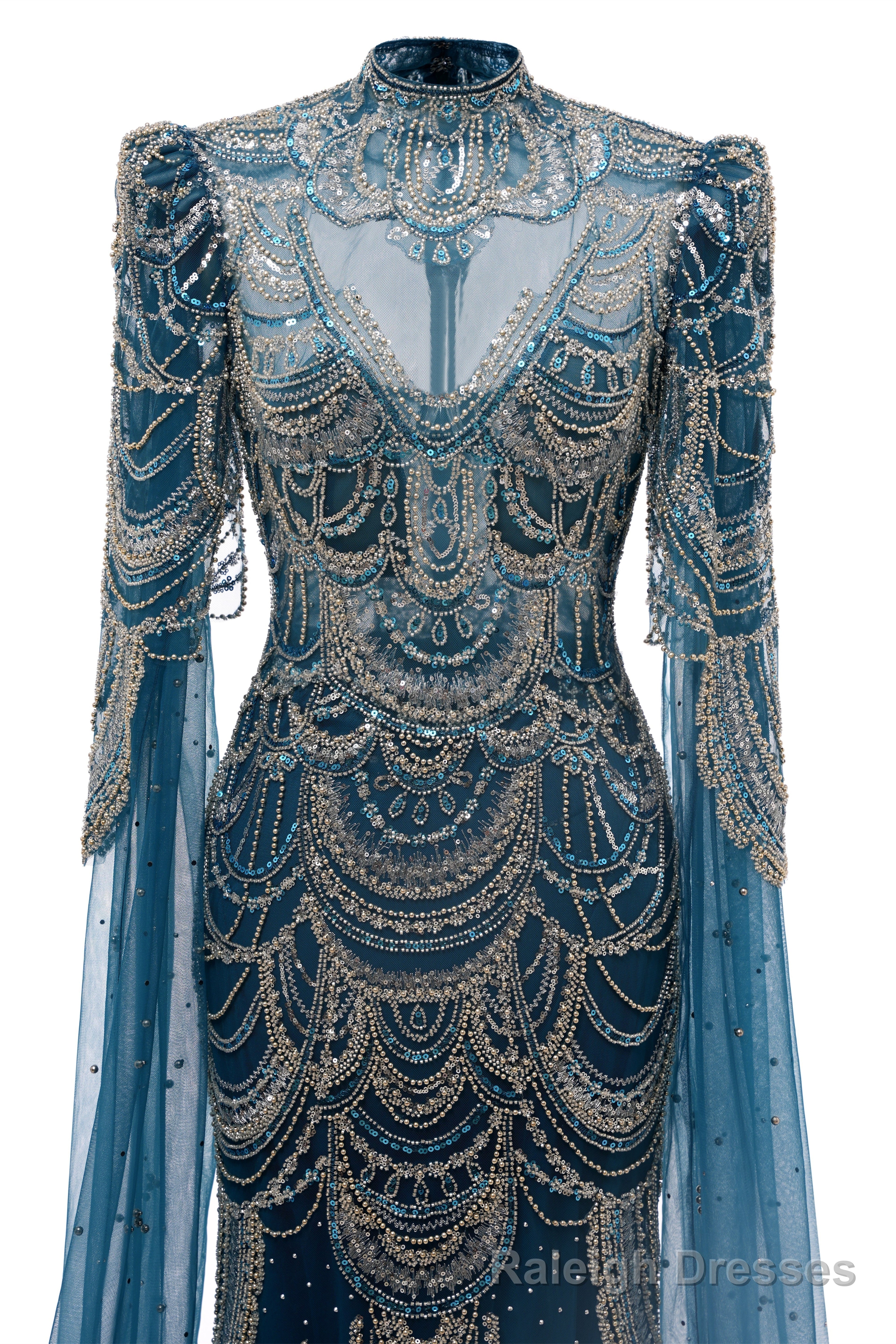 Dark Blue Mermaid Prom Dresses Beading Tulle Women Luxury Evening Dresses High Neck Long Sleeves