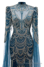 Dark Blue Mermaid Prom Dresses Beading Tulle Women Luxury Prom Dresses High Neck Long Sleeves