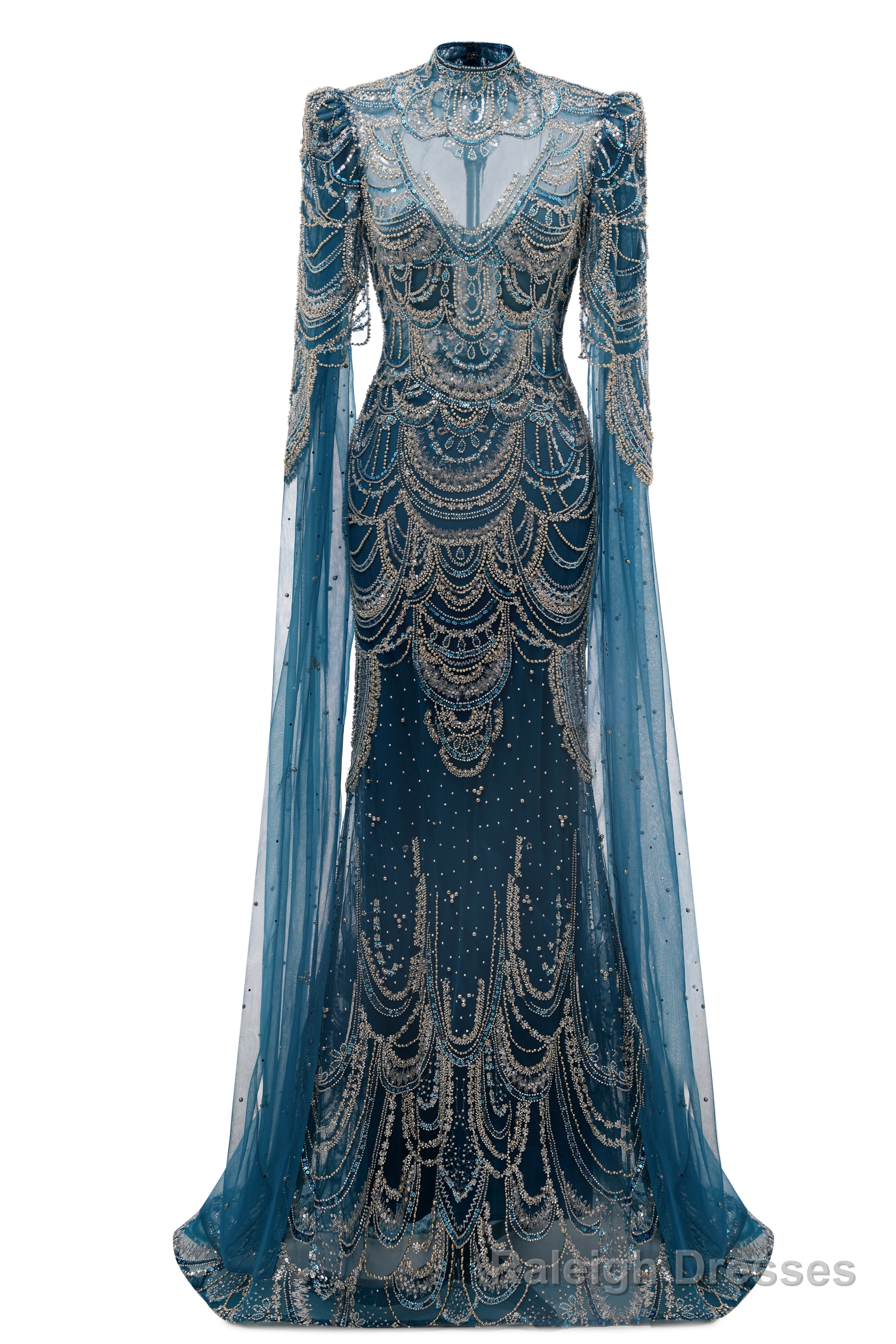 Dark Blue Mermaid Prom Dresses Beading Tulle Women Luxury Evening Dresses High Neck Long Sleeves Main image