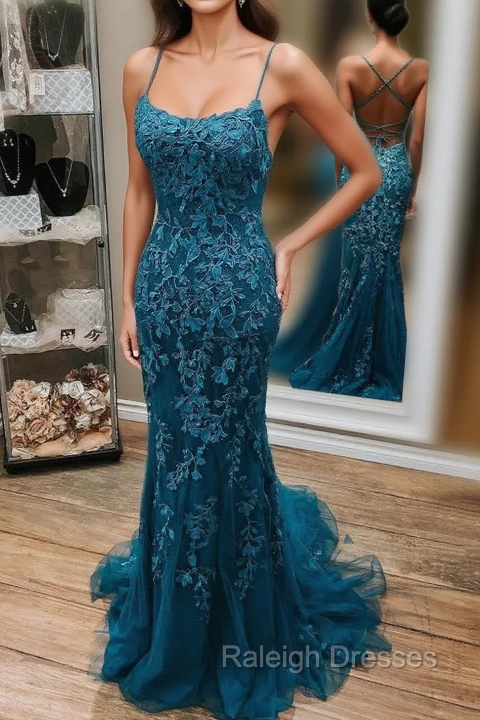 Dark Blue Mermaid Spaghetti Straps Appliques Prom Dress Main image