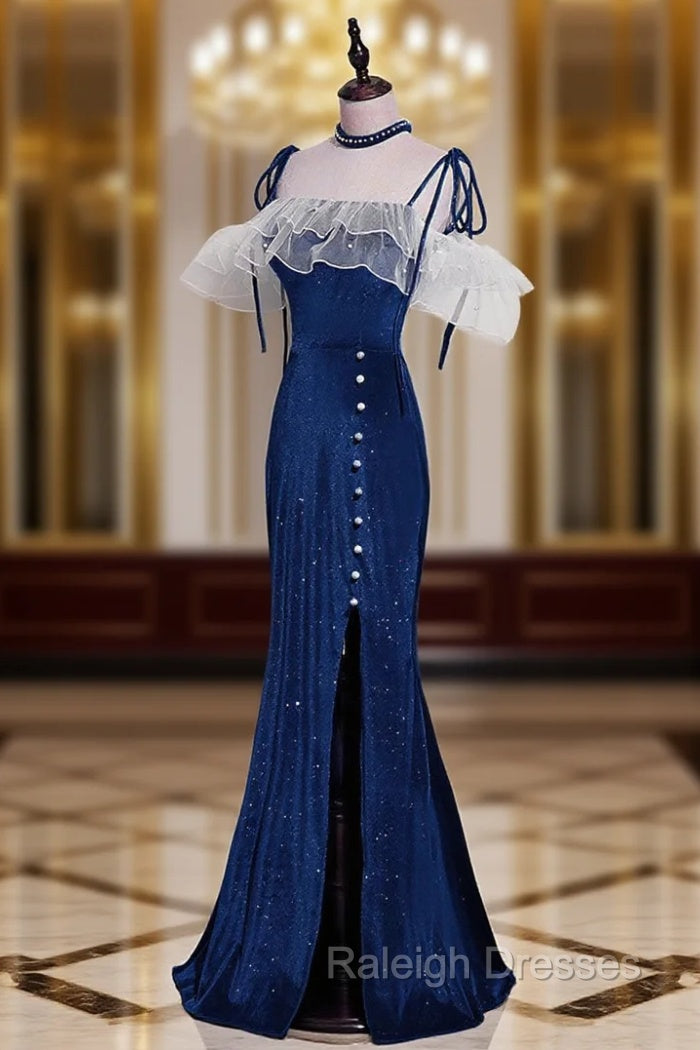 Dark Blue Mermaid Velvet Long Prom Dresses, Blue Formal Evening Dress Main image