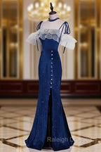 Dark Blue Mermaid Velvet Long Prom Dress Blue Prom Dresses