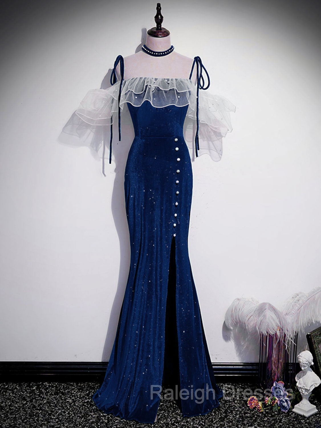 Dark Blue Mermaid Velvet Long Prom Dresses, Blue Formal Evening Dress Secondary image