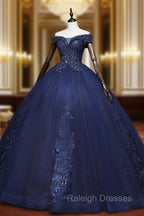 Dark Blue Off Shoulder Tulle Lace Long Prom Gown Blue Sweet 16 Dresses With Beading Sequin