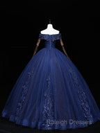 Dark Blue Off Shoulder Tulle Lace Long Prom Gown Blue Sweet 16 Dresses With Beading Sequin