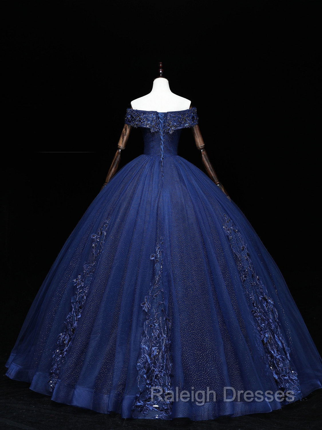 Dark Blue Off Shoulder Tulle Lace Long Prom Gown Blue Sweet 16 Dresses With Beading Sequin