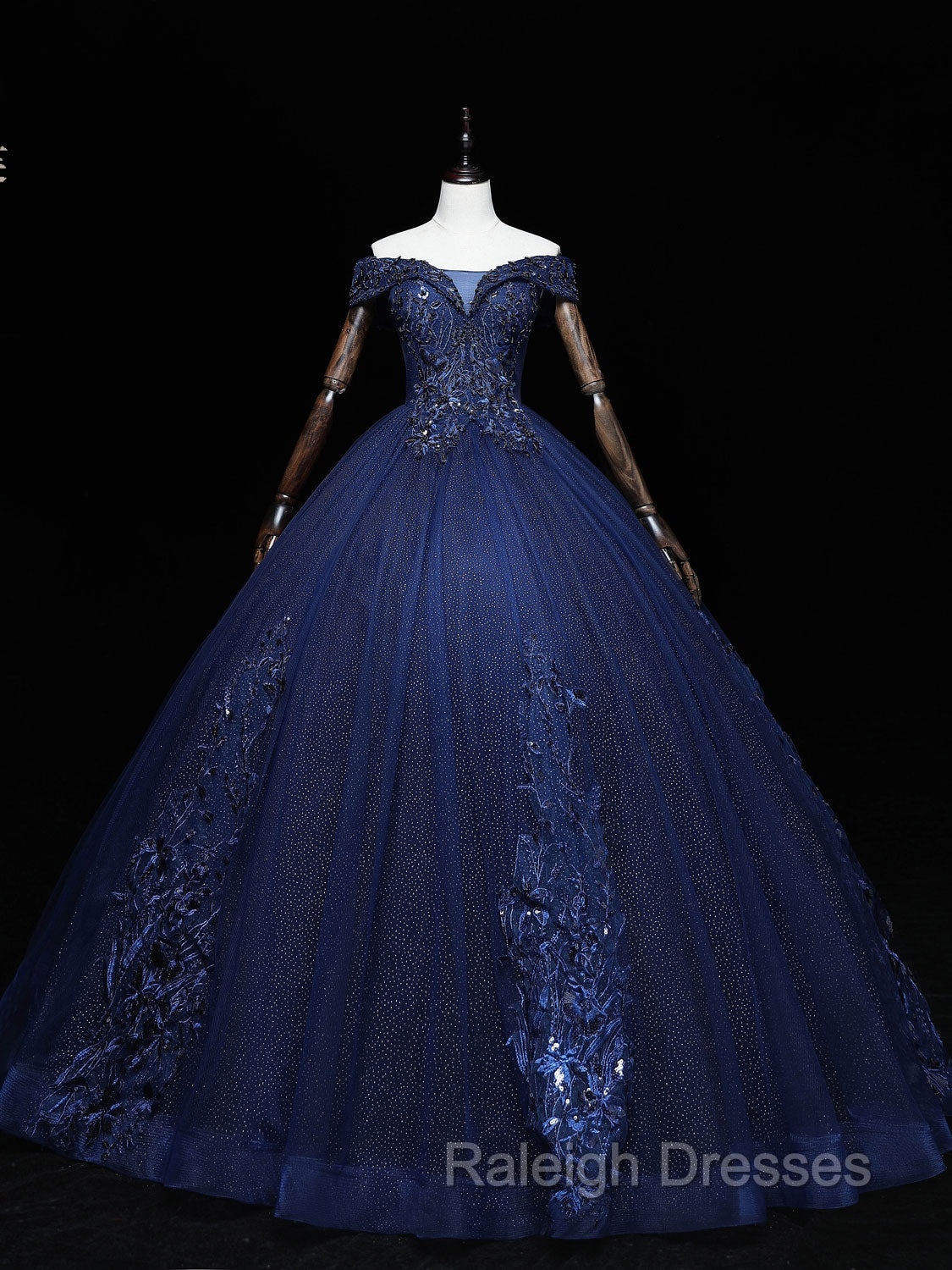Dark Blue Off Shoulder Tulle Lace Long Prom Gown, Blue Sweet 16 Dress With Beading Sequin Secondary image