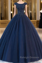 Dark blue round neck tulle lace long prom dress, blue tulle lace evening dress