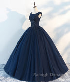 Dark blue round neck tulle lace long prom dress, blue tulle lace evening dress