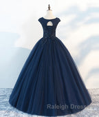 Dark blue round neck tulle lace long prom Dresses blue tulle lace Prom Dresses