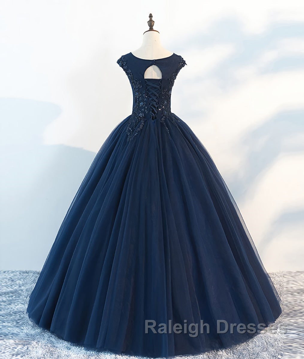 Dark blue round neck tulle lace long prom Dresses blue tulle lace Prom Dresses