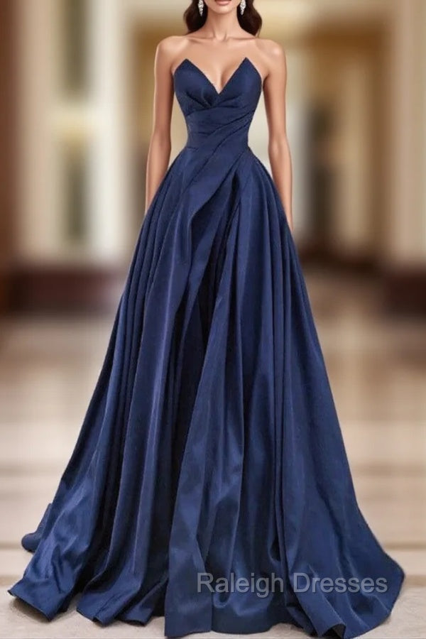 Dark Blue Satin Strapless Prom Dress Main image