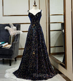 Dark Blue Sequin A Line Spaghetti Straps Bling Bling Prom Dress