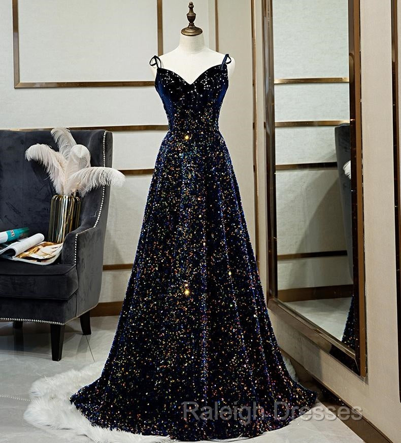Dark Blue Sequin A Line Spaghetti Straps Bling Bling Prom Dress