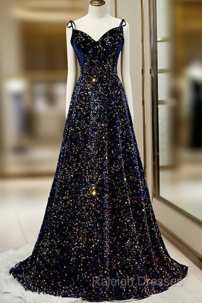 Dark Blue Sequin A Line Spaghetti Straps Bling Bling Prom Dress Main image