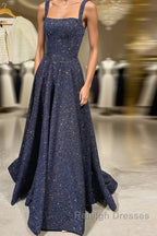 Dark blue sequin long prom dress , blue evening dress