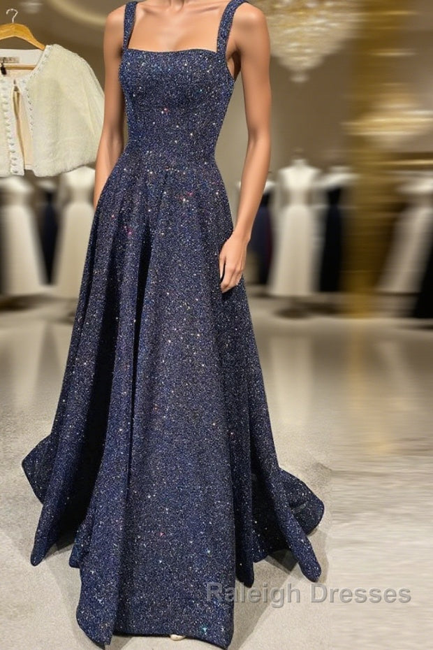 Dark blue sequin long prom dress , blue evening dress