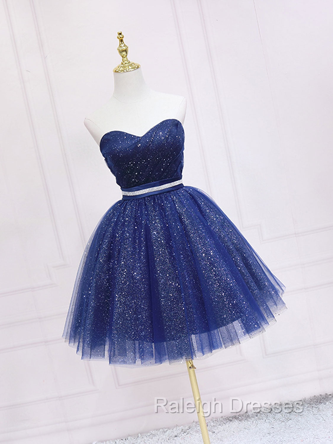 Dark Blue Sweetheart Neck Tulle Sequin Short Prom Dress Blue Puffy Homecoming Dress Secondary image