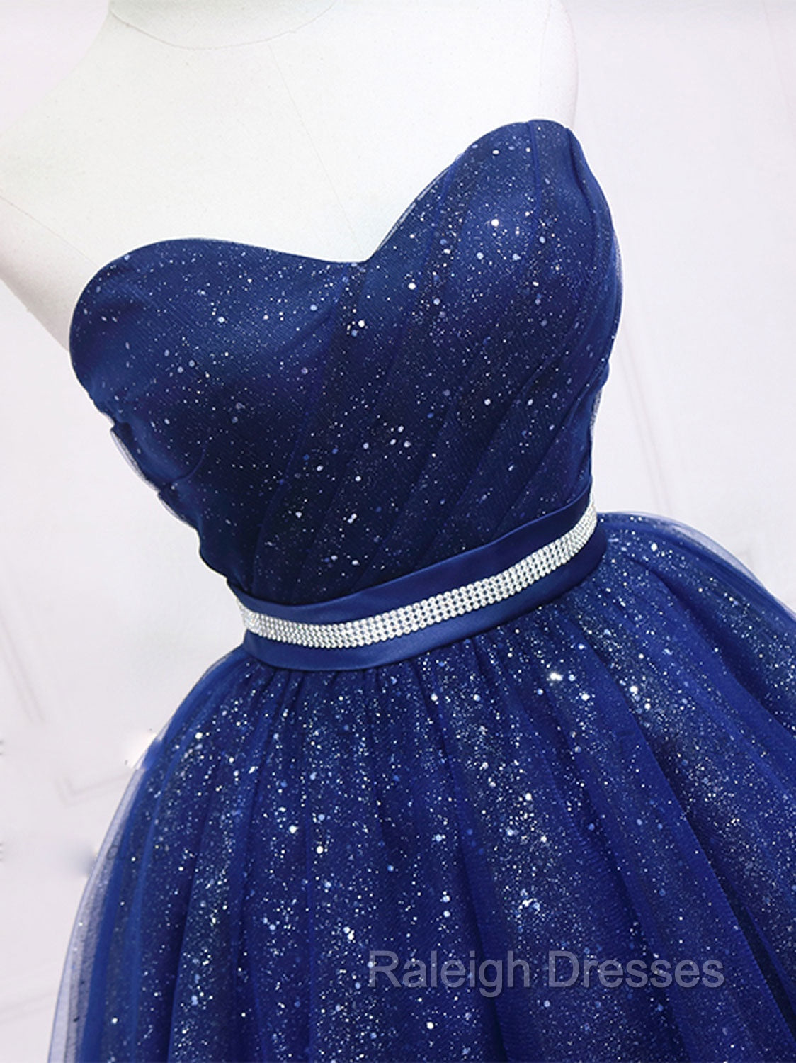 Dark Blue Sweetheart Neck Tulle Sequin Short Prom Dress Blue Puffy Homecoming Dress