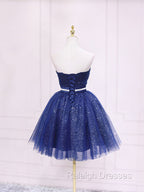Dark Blue Sweetheart Neck Tulle Sequin Short Prom Dress Blue Puffy Homecoming Dress