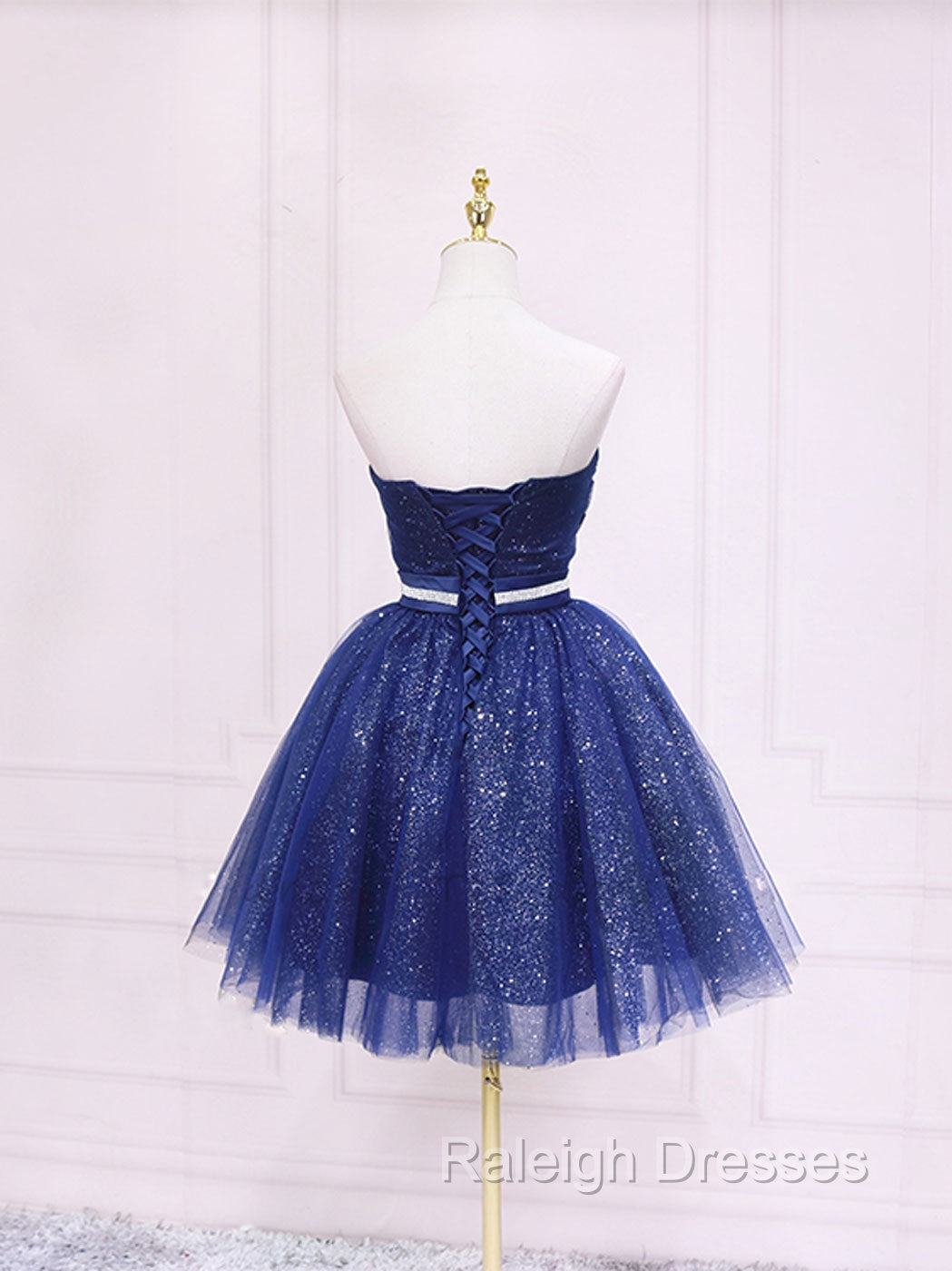 Dark Blue Sweetheart Neck Tulle Sequin Short Prom Dress Blue Puffy Homecoming Dress