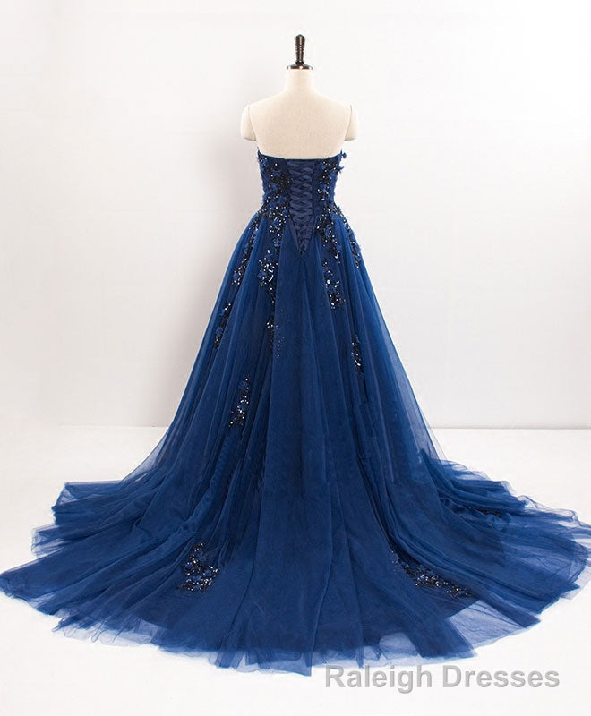 Dark Blue Sweetheart Tulle Lace Long Prom Dress Blue Tulle Evening Dress Secondary image