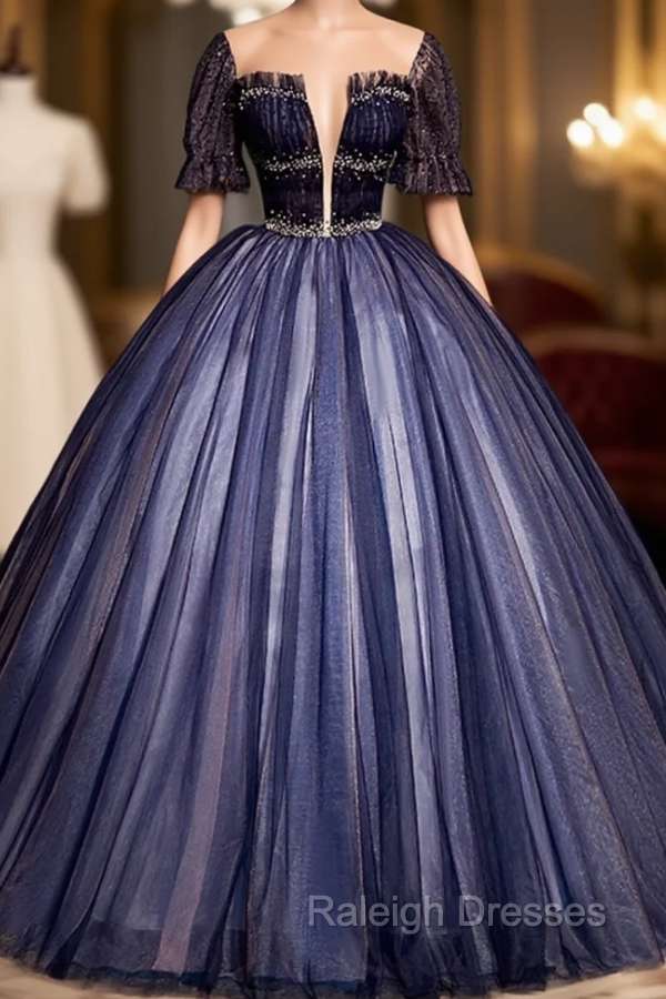 Dark Blue Tulle Backless Beading Quinceanera Dress