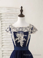 Dark Blue Tulle Lace Applique High Low Prom Dresses