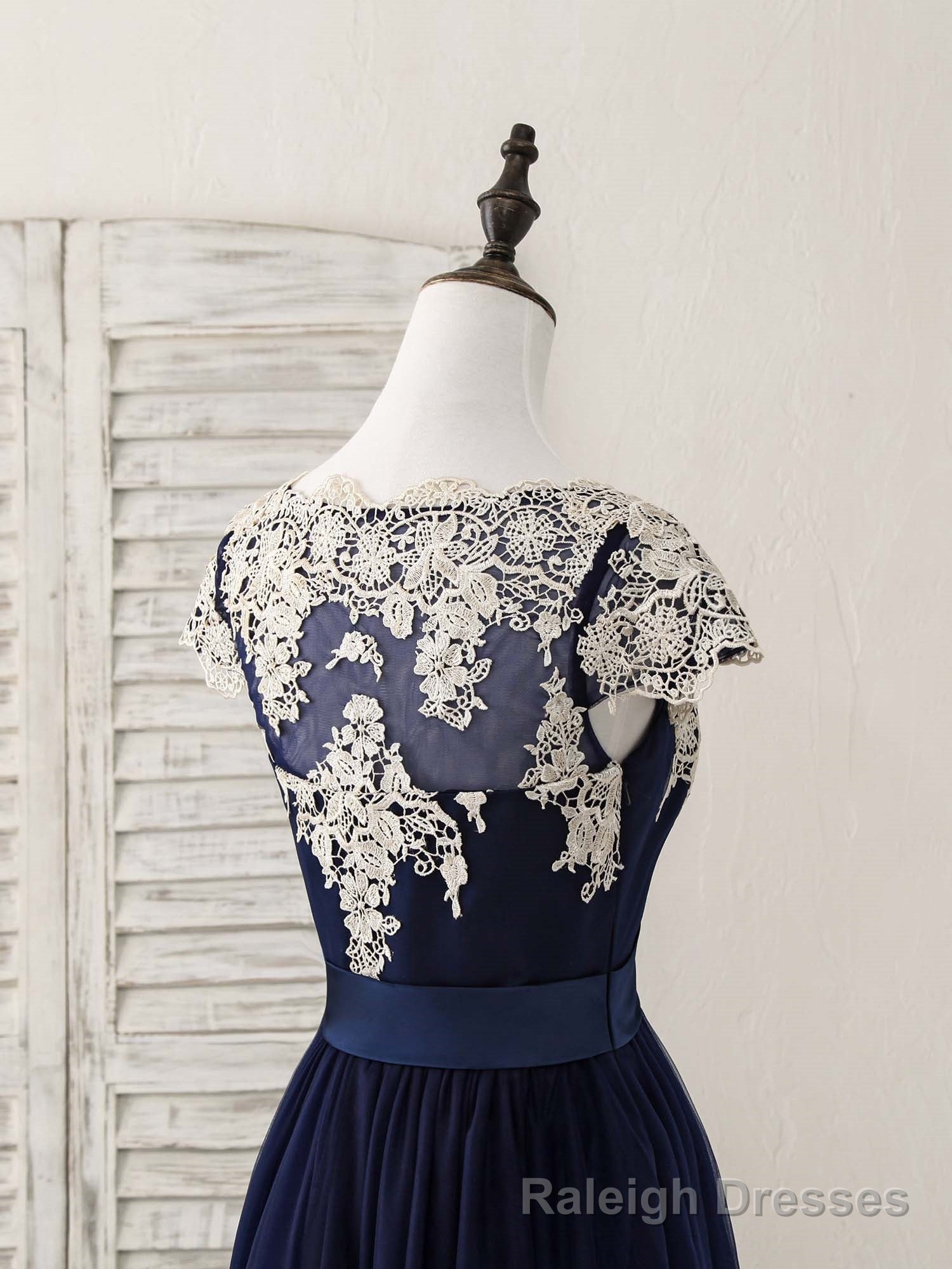 Dark Blue Tulle Lace Applique High Low Prom Dresses