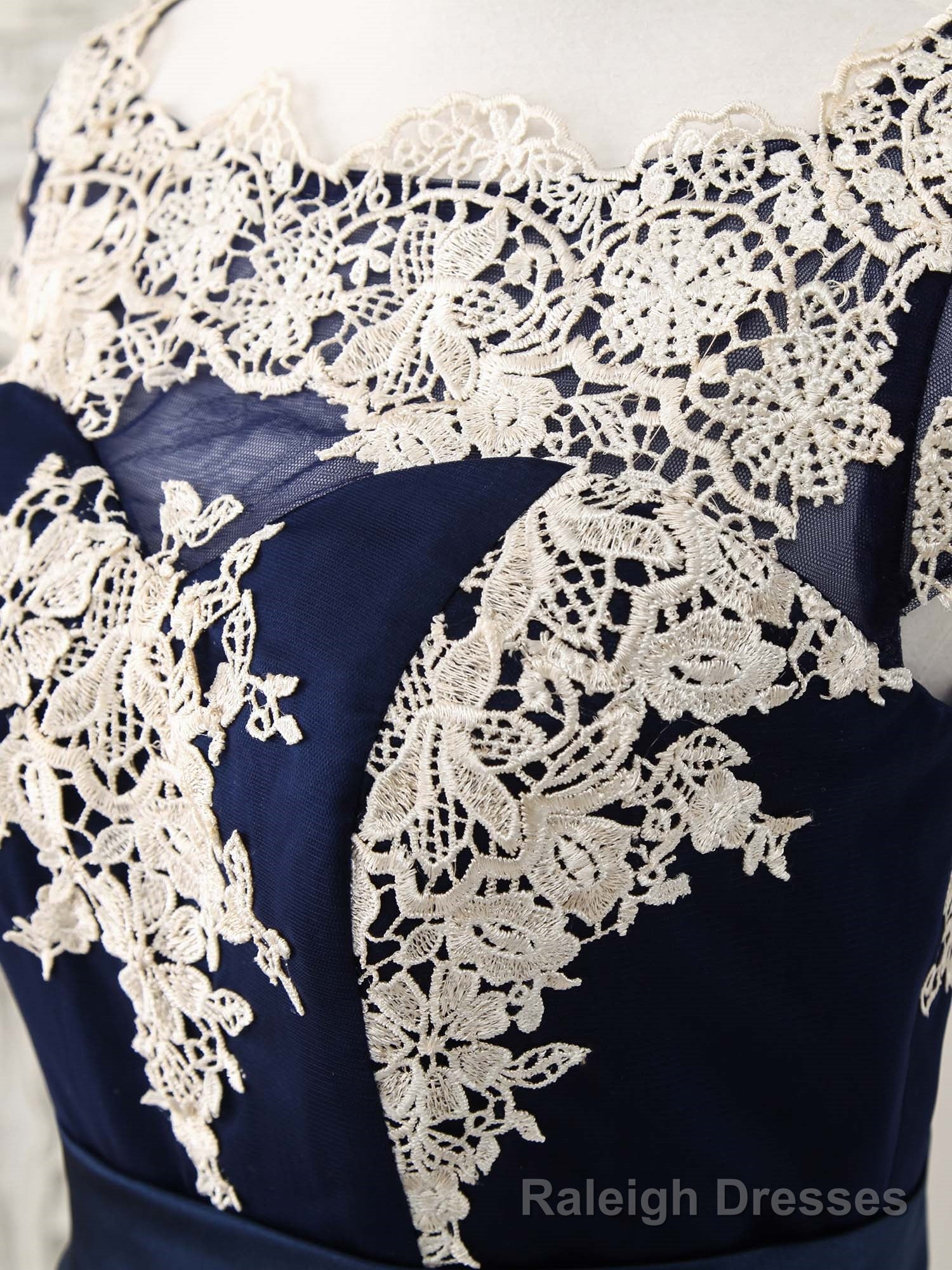 Dark Blue Tulle Lace Applique High Low Prom Dresses