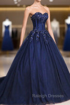 Dark Blue Tulle Lace Princess Dress, A-Line Strapless Long Prom Dress
