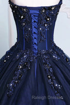 Dark Blue Tulle Lace Princess Dress, Beautiful A-Line Strapless Long Prom Dress