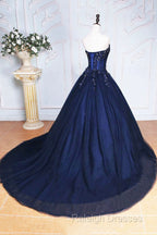 Dark Blue Tulle Lace Princess Dresses Beautiful A-Line Strapless Long Prom Dresses