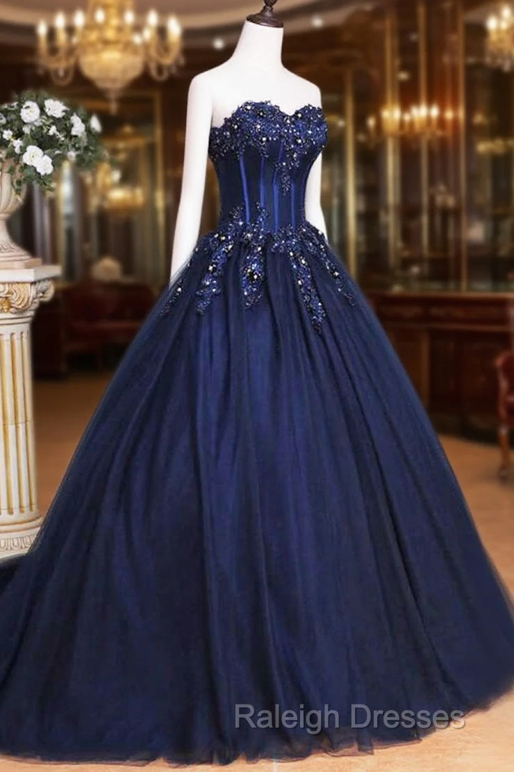 Dark Blue Tulle Lace Princess Dresses Beautiful A-Line Strapless Long Prom Dresses