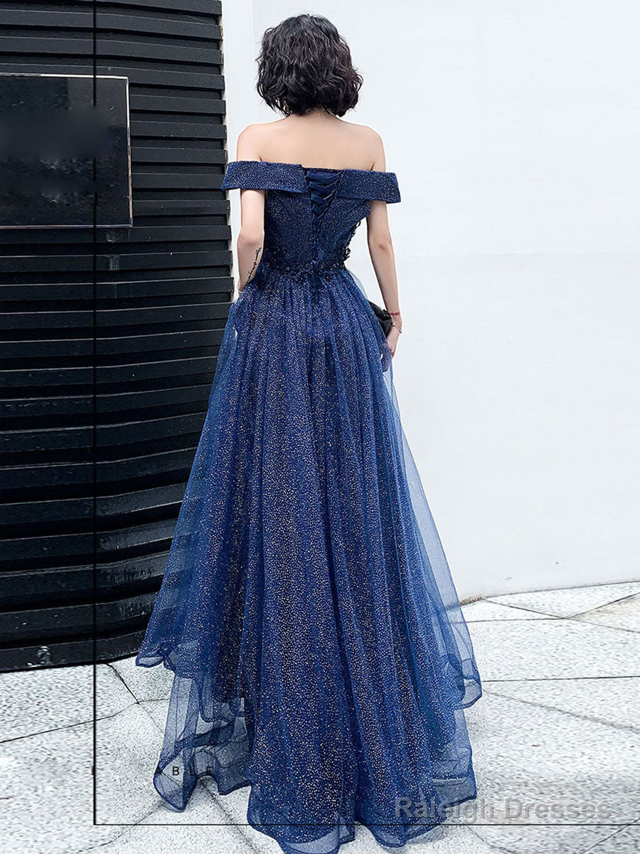 Dark Blue Tulle Long Prom Dress, A-Line Tulle Off Shoulder Blue Wedding Party Dresses