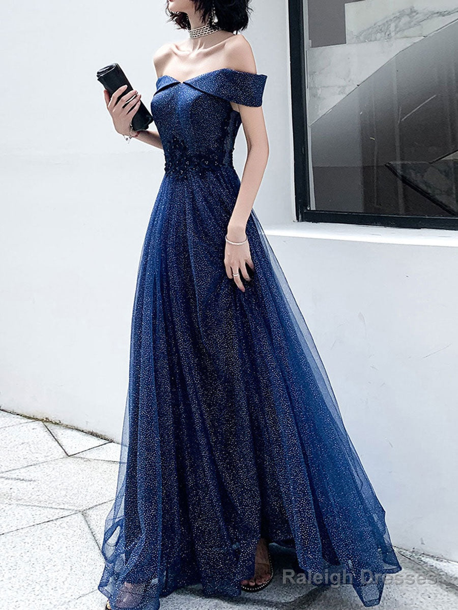Dark Blue Tulle Long Prom Dress, A-Line Tulle Off Shoulder Blue Wedding Party Dresses Main image