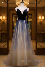Dark blue tulle long prom dress, blue evening dress