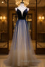 Dark blue tulle long prom dress, blue evening dress