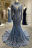 Dark Blue Tulle Mermaid Beading Prom Dress