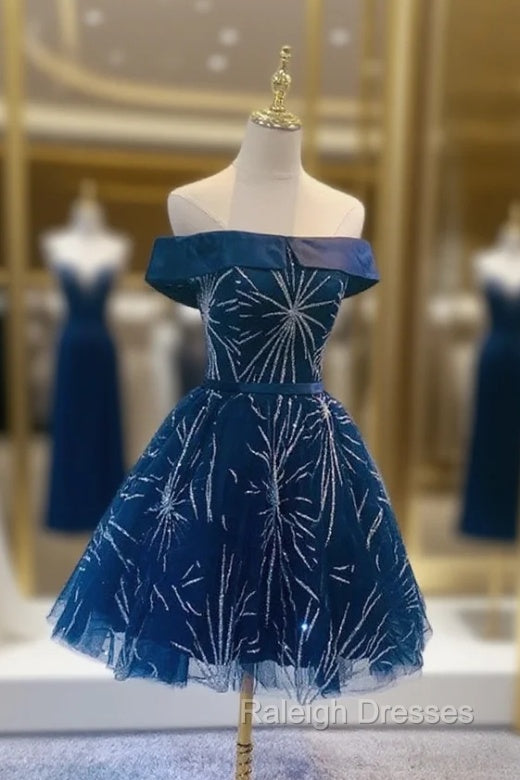 Dark Blue Tulle Off Shoulder Knee Length Party Dress, Blue Homecoming Dresses Secondary image