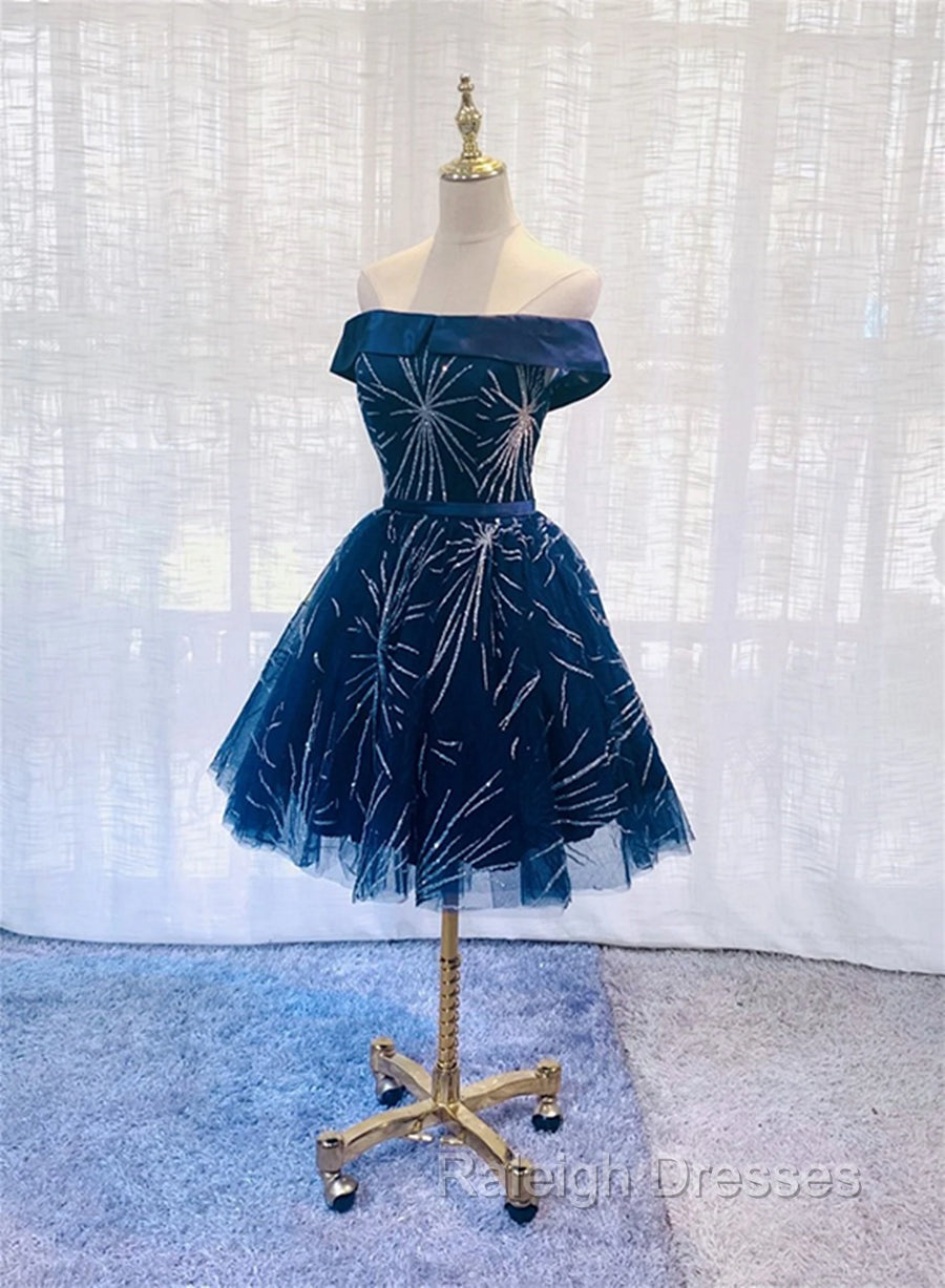 Dark Blue Tulle Off Shoulder Knee Length Party Dress, Blue Homecoming Dresses Main image