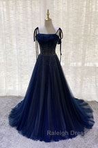 Dark Blue Tulle Sequin Long Prom Dress, Dark Blue Evening Dress