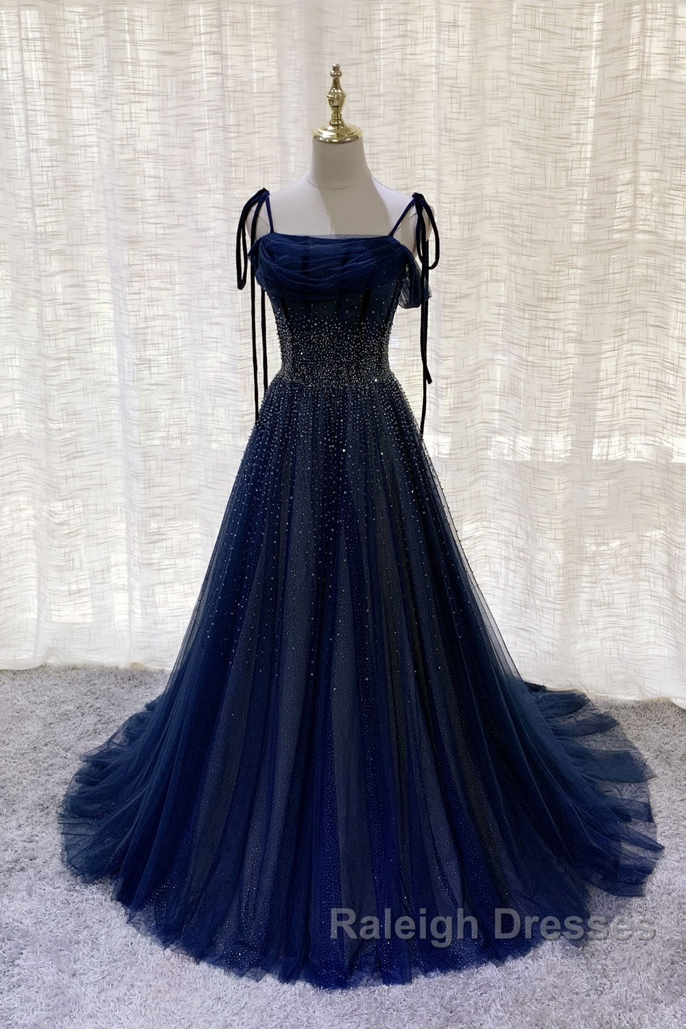 Dark Blue Tulle Sequin Long Prom Dress, Dark Blue Evening Dress