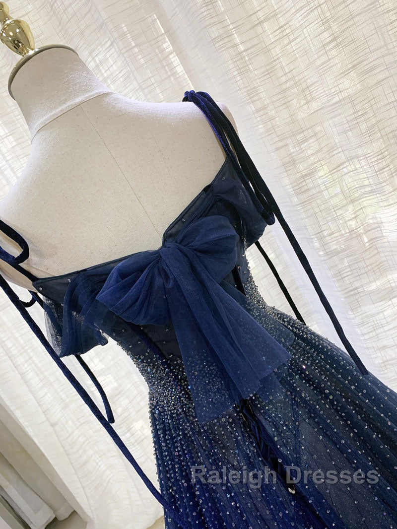 Dark Blue Tulle Sequin Long Prom Dress, Dark Blue Evening Dress