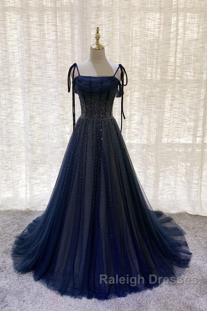 Dark Blue Tulle Sequin Long Prom Dress, Dark Blue Evening Dress