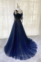 Dark Blue Tulle Sequin Long Prom Dress, Dark Blue Evening Dress