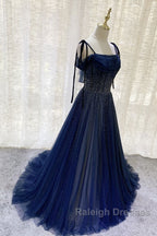 Dark Blue Tulle Sequin Long Prom Dress, Dark Blue Evening Dress